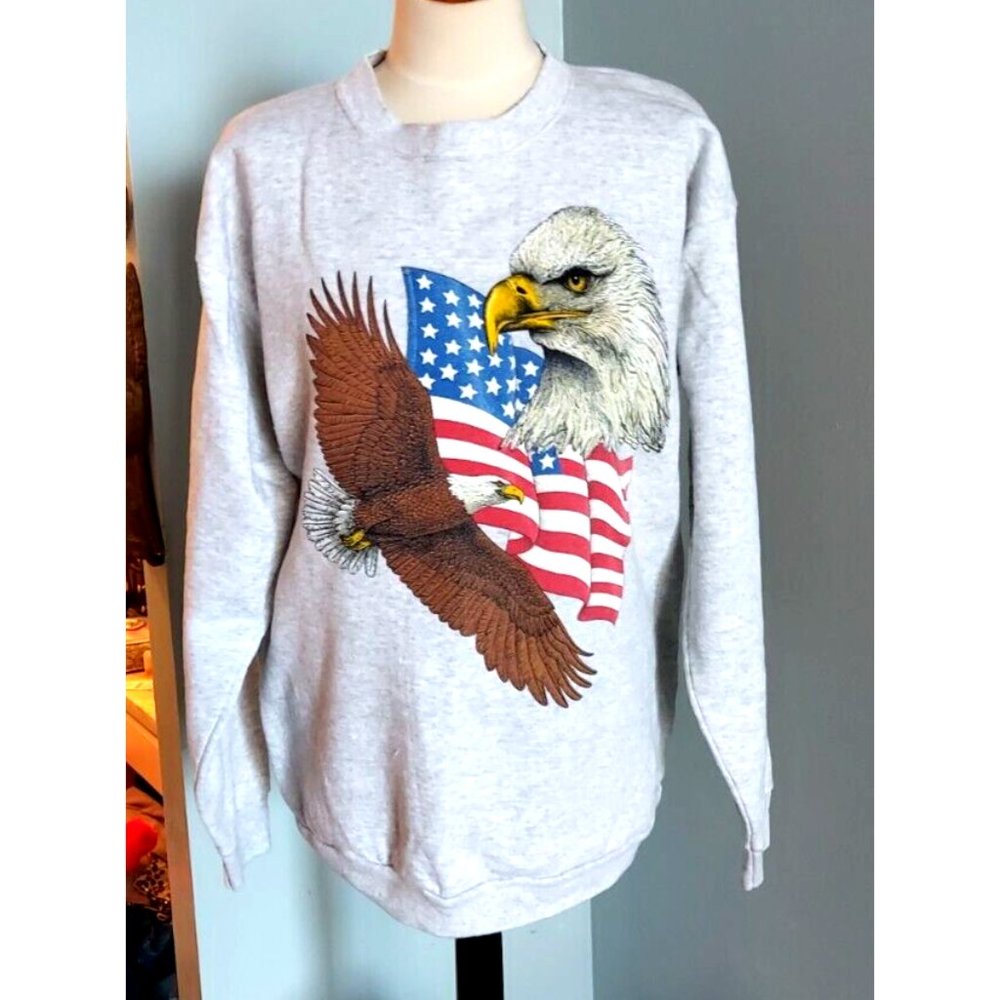 Vintage Bald Eagle American Flag Crewneck Sweatshirt Large Gray Cotton Grove